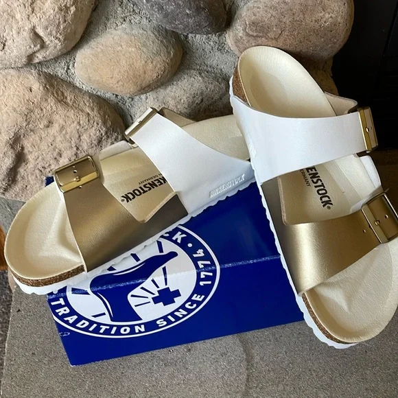 Birkenstock Arizona Split White and Gold Sandals Sz 10 M, 41 - Picture 6 of 13